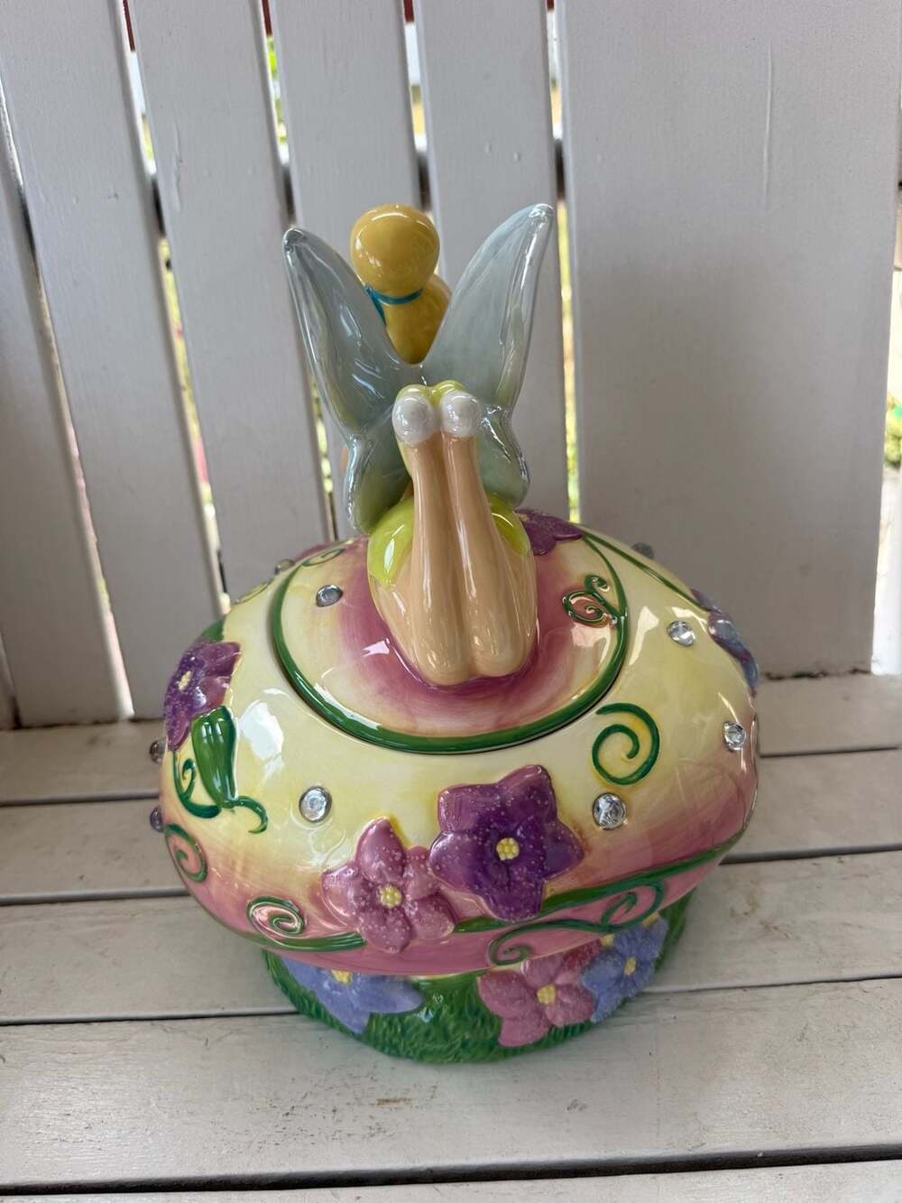 Vintage Disney Tinker Bell Floral Jeweled Mushroom Ceramic Cookie Jar - Picture 3 of 4